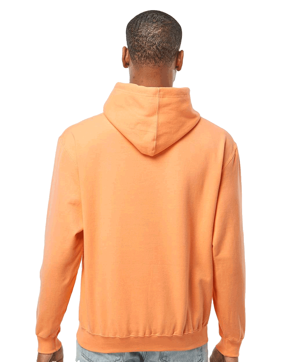 Tultex Back view of peach pullover hoodie on male model, blank fleece ready for custom screen printing