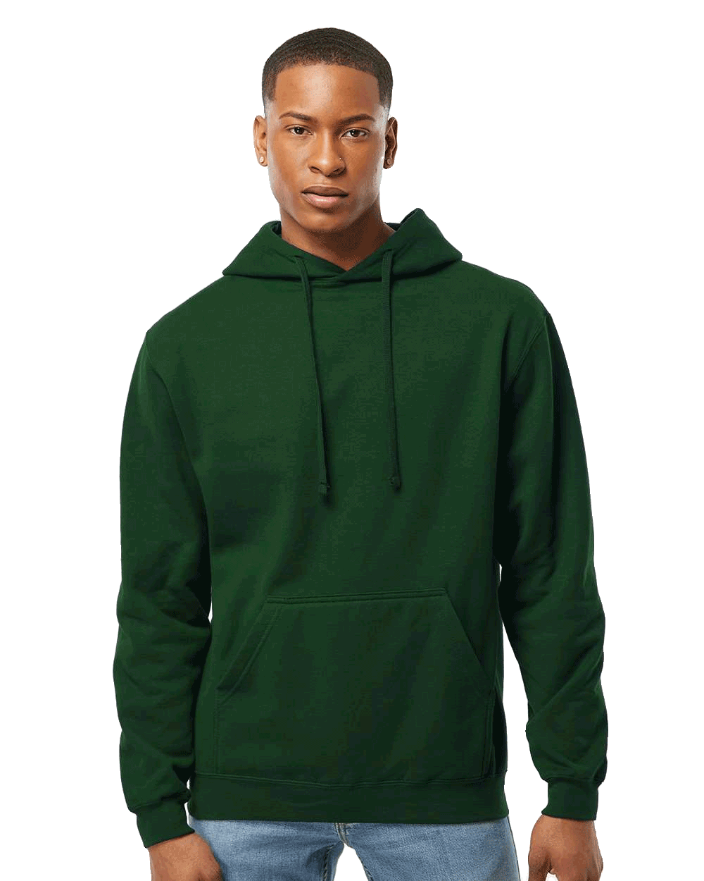 Tultex Forest green pullover hoodie on male model, kangaroo pocket blank fleece ready for custom screen printing