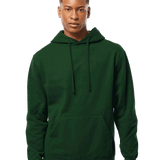 Tultex Forest green pullover hoodie on male model, kangaroo pocket blank fleece ready for custom screen printing