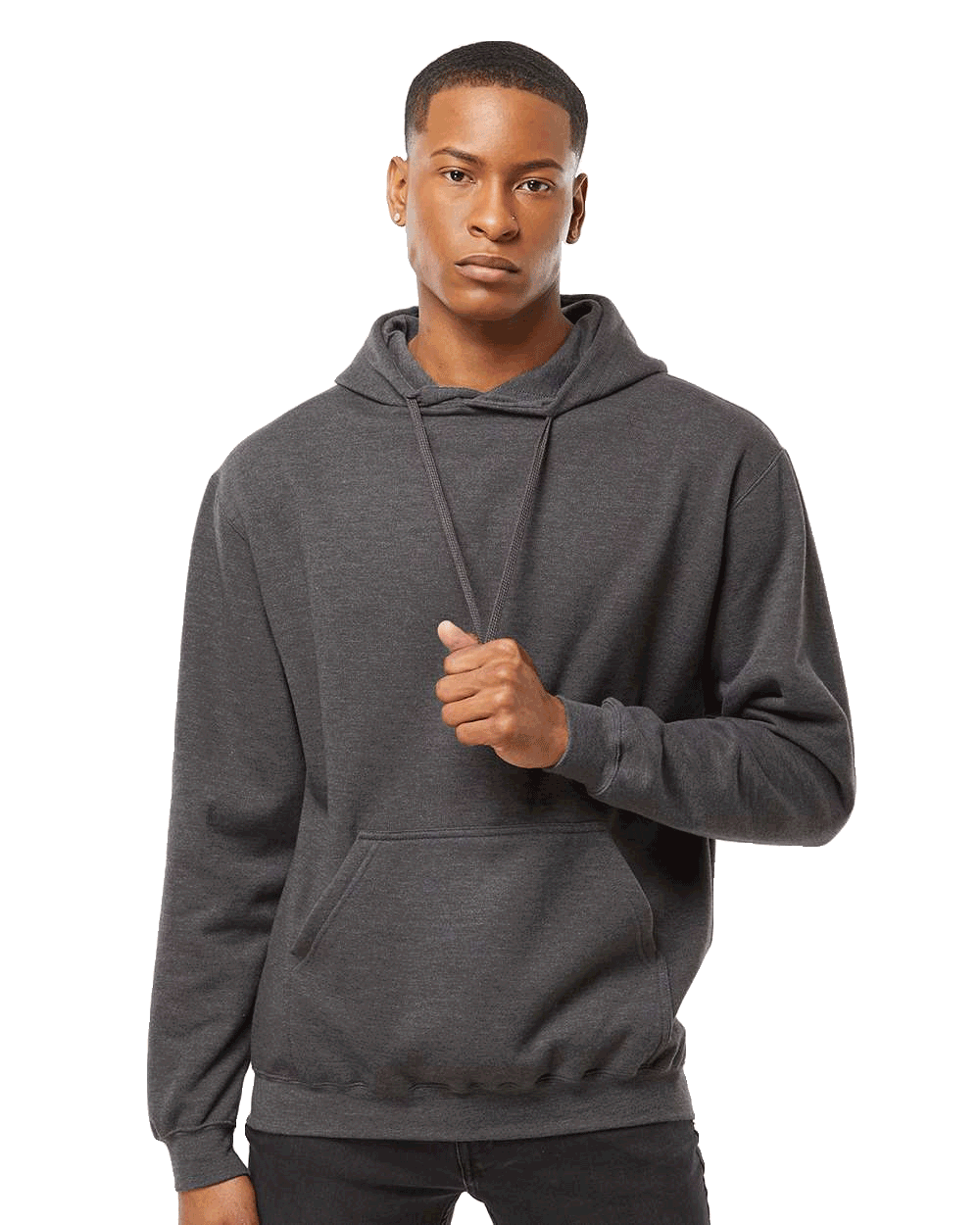 Tultex Charcoal heather pullover hoodie on male model, kangaroo pocket blank fleece ideal for custom screen printing
