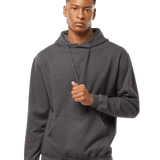 Tultex Charcoal heather pullover hoodie on male model, kangaroo pocket blank fleece ideal for custom screen printing