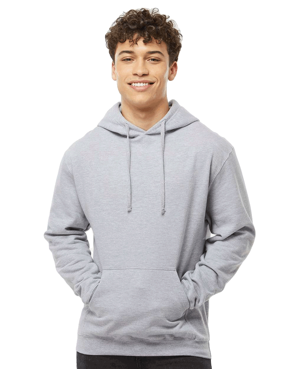 Tultex Heather grey pullover hoodie with kangaroo pocket on male model, blank fleece ready for custom screen printing