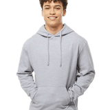 Tultex Heather grey pullover hoodie with kangaroo pocket on male model, blank fleece ready for custom screen printing