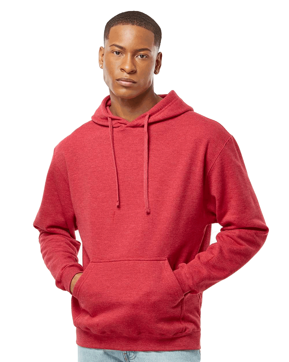 Tultex Heather red pullover hoodie on male model, kangaroo pocket and matching drawstrings, blank canvas for custom screen printing