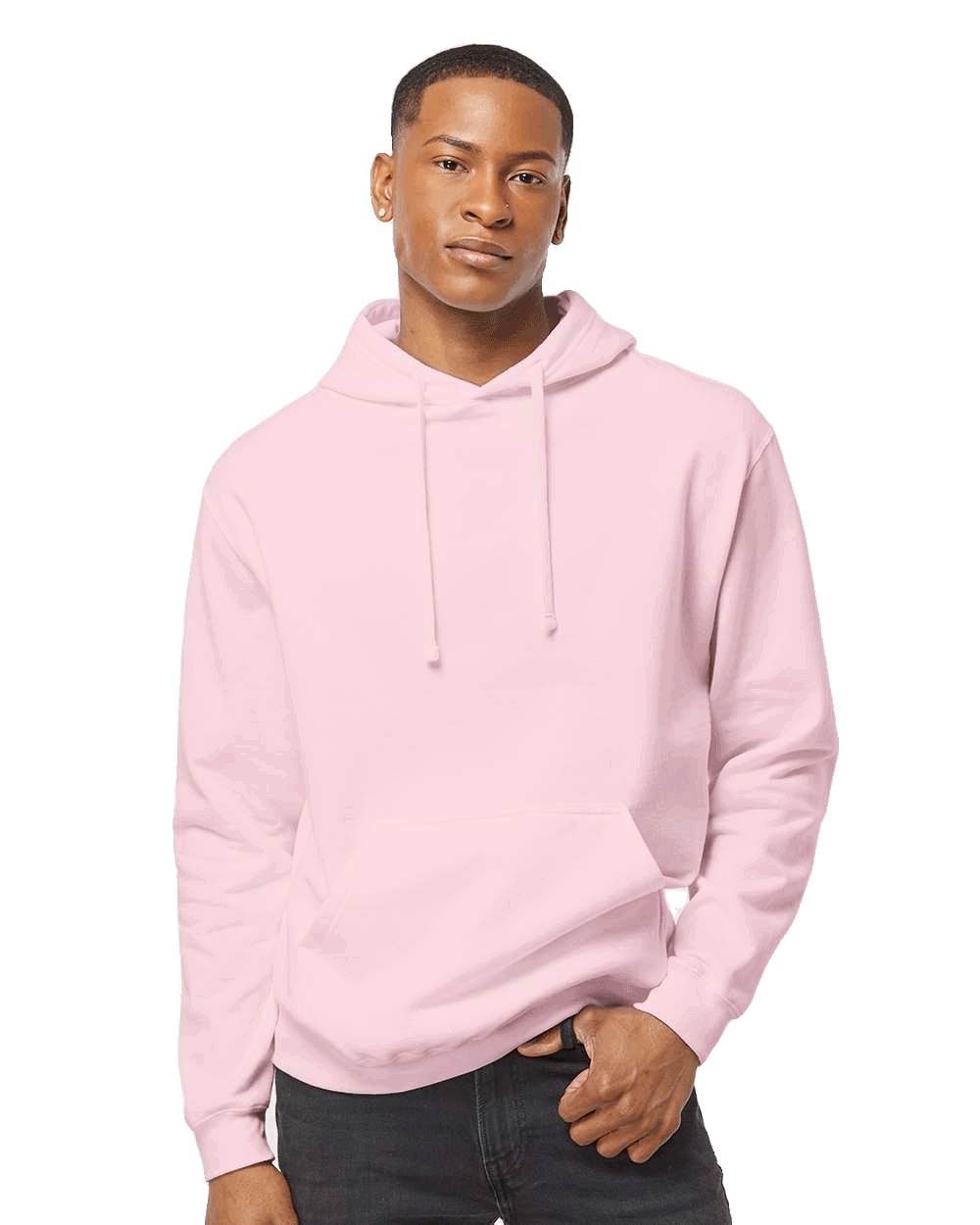 Tultex Blank light pink pullover hoodie on male model with drawstrings and kangaroo pocket, perfect for custom screen-printed designs