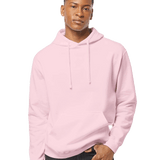 Tultex Blank light pink pullover hoodie on male model with drawstrings and kangaroo pocket, perfect for custom screen-printed designs