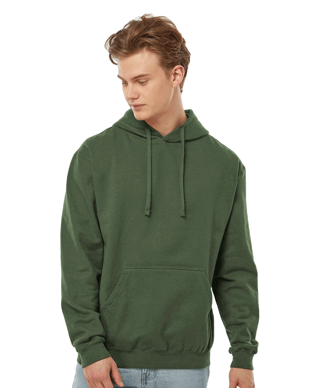 Tultex military green pullover hoodie on male model, white drawstrings and kangaroo pocket, popular canvas for custom apparel printing