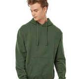 Tultex military green pullover hoodie on male model, white drawstrings and kangaroo pocket, popular canvas for custom apparel printing