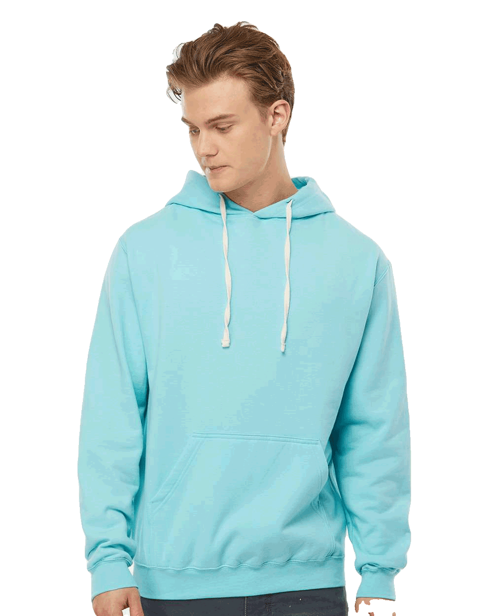 Tultex Blank aqua blue pullover hoodie on male model, white drawstrings and kangaroo pocket, popular canvas for custom apparel printing