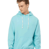 Tultex Blank aqua blue pullover hoodie on male model, white drawstrings and kangaroo pocket, popular canvas for custom apparel printing