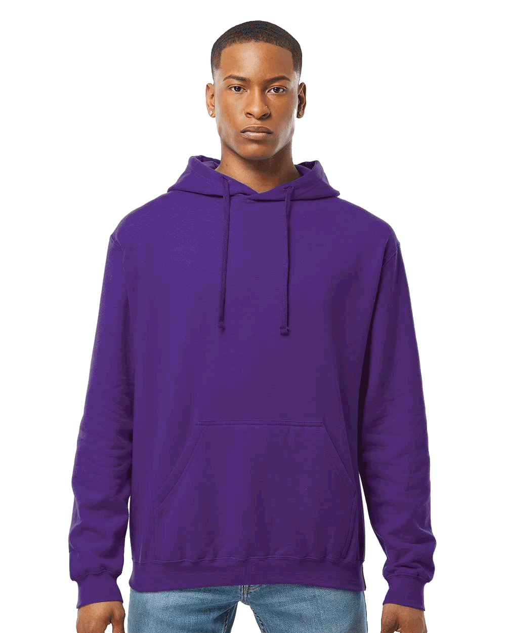 Tultex Purple pullover hoodie on male model, kangaroo pocket and drawstrings, ideal blank garment for custom screen printing