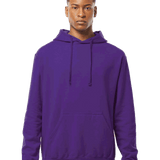 Tultex Purple pullover hoodie on male model, kangaroo pocket and drawstrings, ideal blank garment for custom screen printing