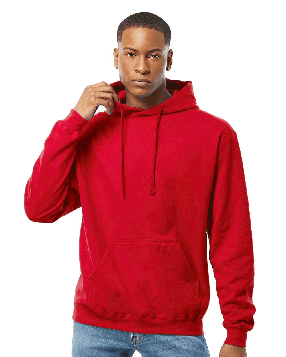 Tultex Red pullover hoodie on male model, kangaroo pocket and drawstrings, ideal blank garment for custom screen printing