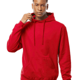 Tultex Red pullover hoodie on male model, kangaroo pocket and drawstrings, ideal blank garment for custom screen printing