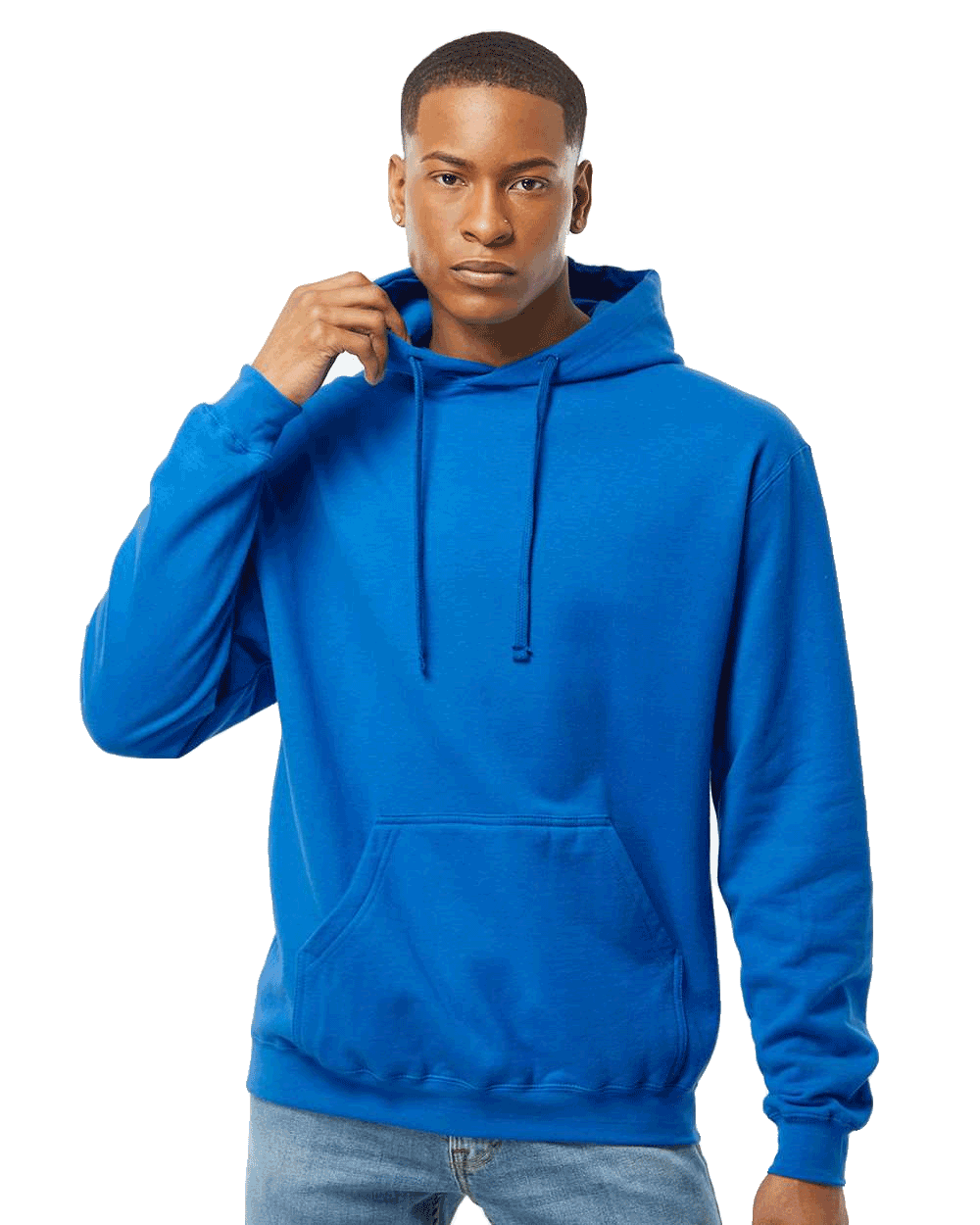 Tultex Royal blue pullover hoodie on male model, kangaroo pocket and drawstrings, ideal blank garment for custom screen printing