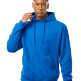 Tultex Royal blue pullover hoodie on male model, kangaroo pocket and drawstrings, ideal blank garment for custom screen printing