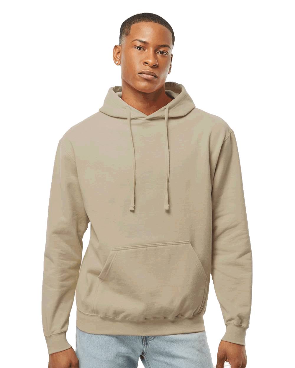 Tultex Blank beige pullover hoodie on male model with kangaroo pocket and drawstrings, ideal for custom screen-printing designs