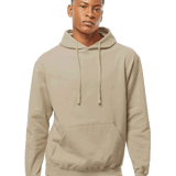 Tultex Blank beige pullover hoodie on male model with kangaroo pocket and drawstrings, ideal for custom screen-printing designs