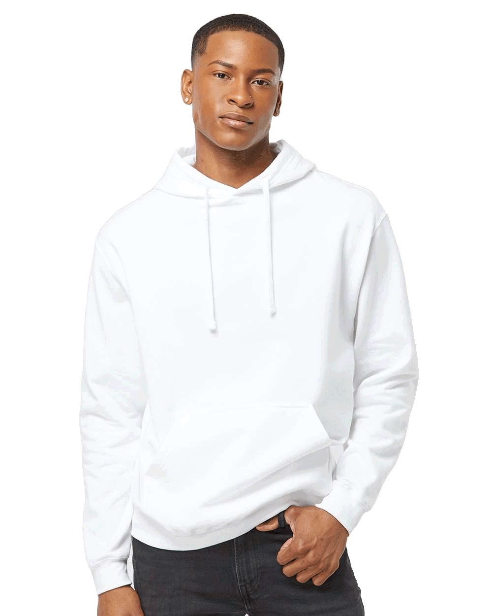 Tultex Blank white pullover hoodie on male model, kangaroo pocket and drawstrings, perfect base for custom screen-printing or embroidery
