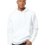 Tultex Blank white pullover hoodie on male model, kangaroo pocket and drawstrings, perfect base for custom screen-printing or embroidery