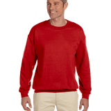 Cardinal red crewneck fleece sweatshirt on male model, classic blank pullover ready for custom screen printing