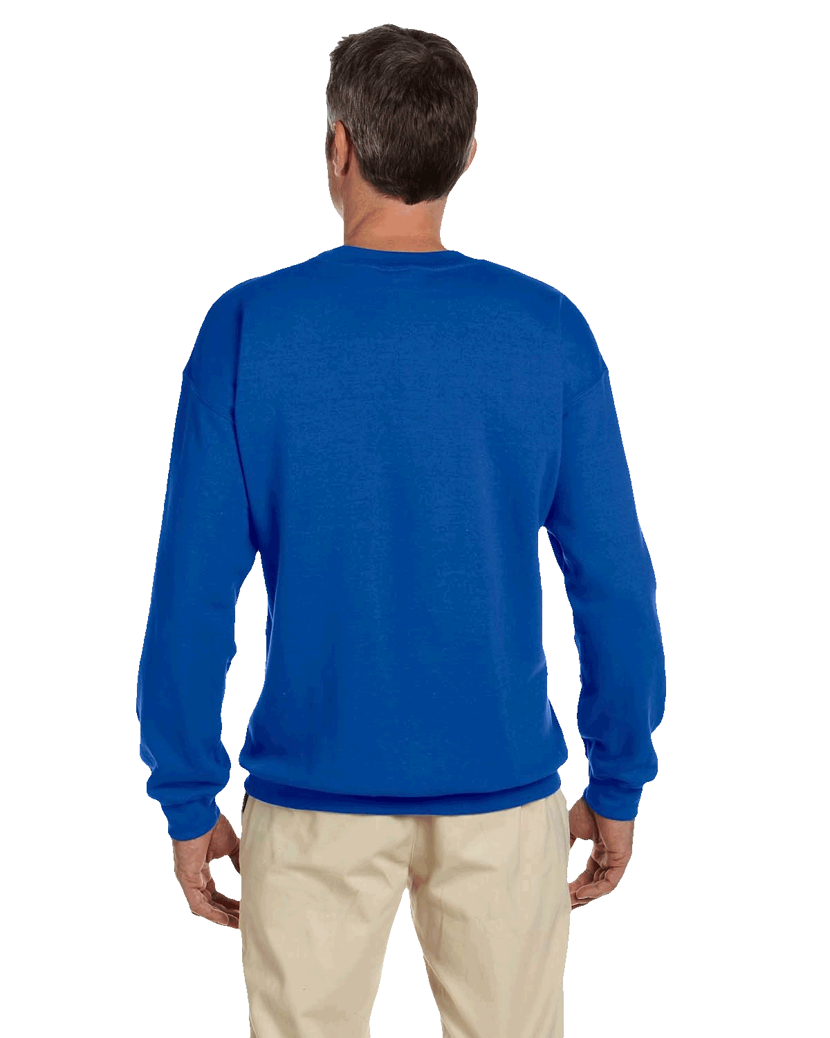 royal blue rear view crewneck fleece sweatshirt on male model, blank pullover ready for custom screen printing