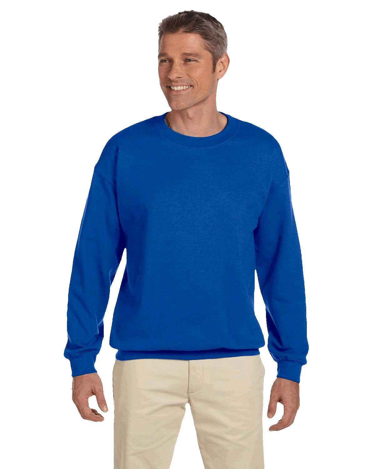 royal blue crewneck fleece sweatshirt on male model, blank pullover ready for custom screen printing