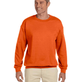 Bright orange crewneck fleece sweatshirt on male model, blank pullover ready for custom screen printing