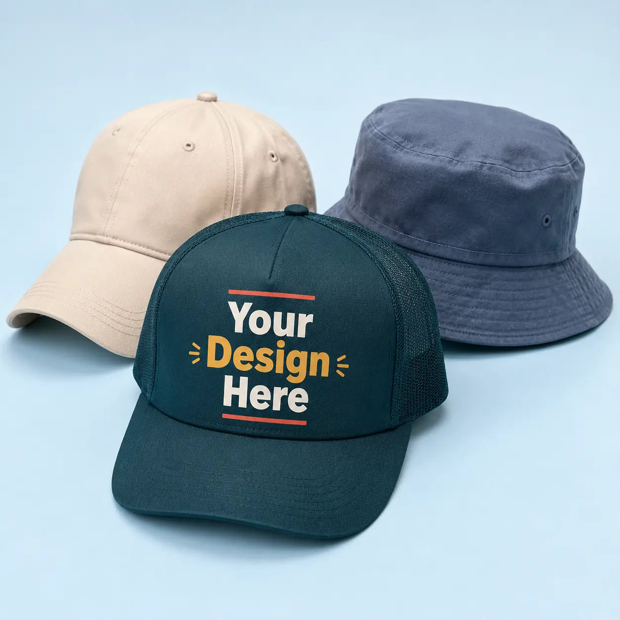 Custom baseball cap, trucker hat, and bucket hat with a Your Design Here print area