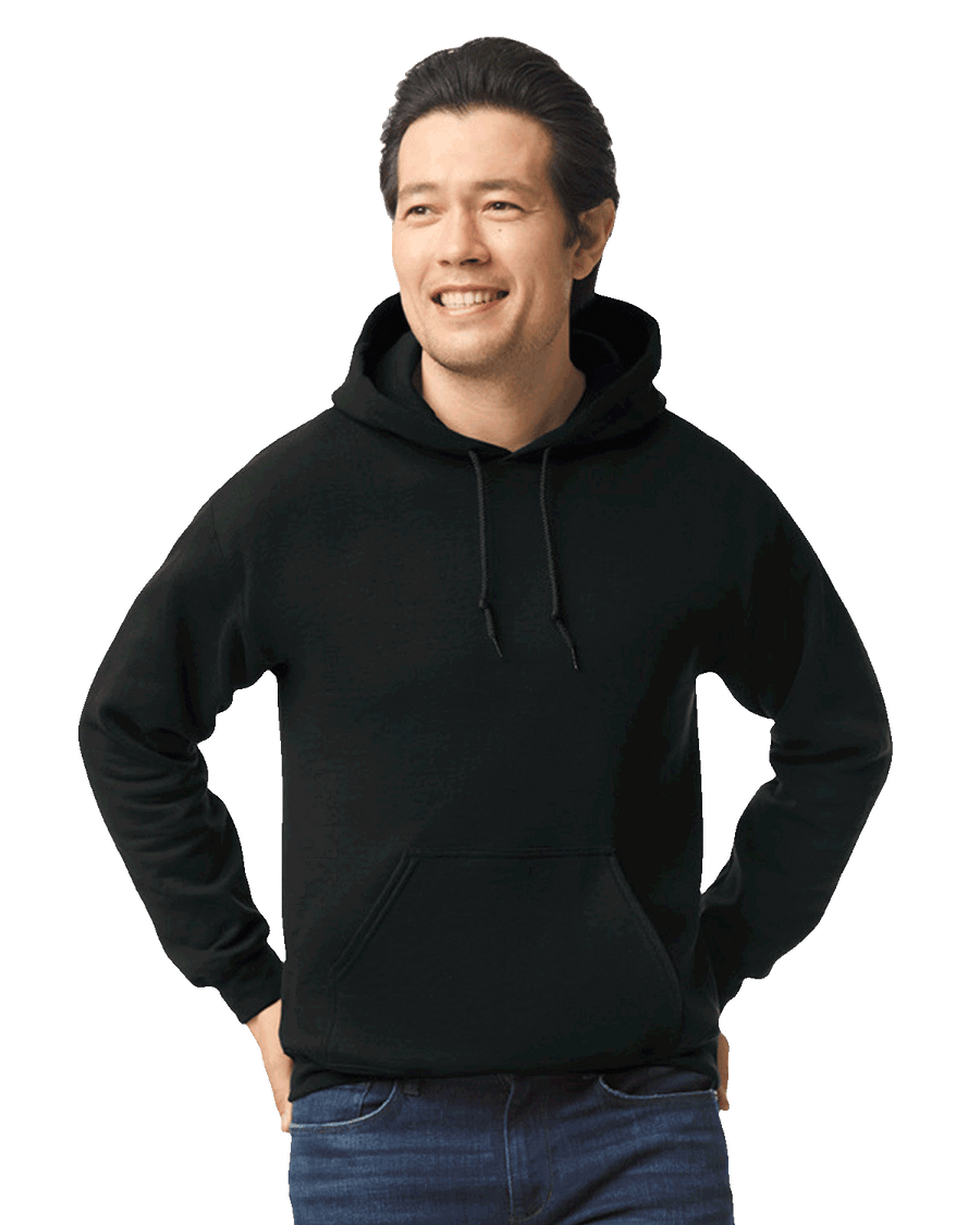 A model wearing a Gildan Heavy Blend Hooded Sweatshirt