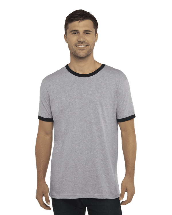 Model wearing Next Level Cotton Ringer T Shirt 3604 Heather Grey with Black trim unisex blank perfect for custom printing retro designs or personalized apparel
