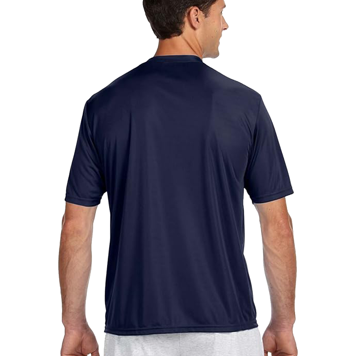 Back view of A4 Men's Cooling Performance T-Shirt in navy, worn by a model standing upright.