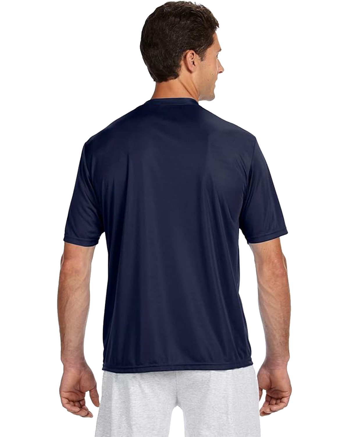 Back view of A4 Men's Cooling Performance T-Shirt in navy, worn by a model standing upright.