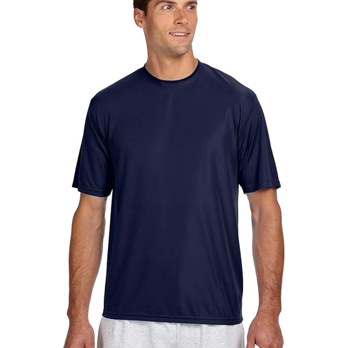 A4 Men's Cooling Performance T-Shirt in navy, shown on a model standing with a slight turn to his right.