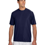 A4 Men's Cooling Performance T-Shirt in navy, shown on a model standing with a slight turn to his right.