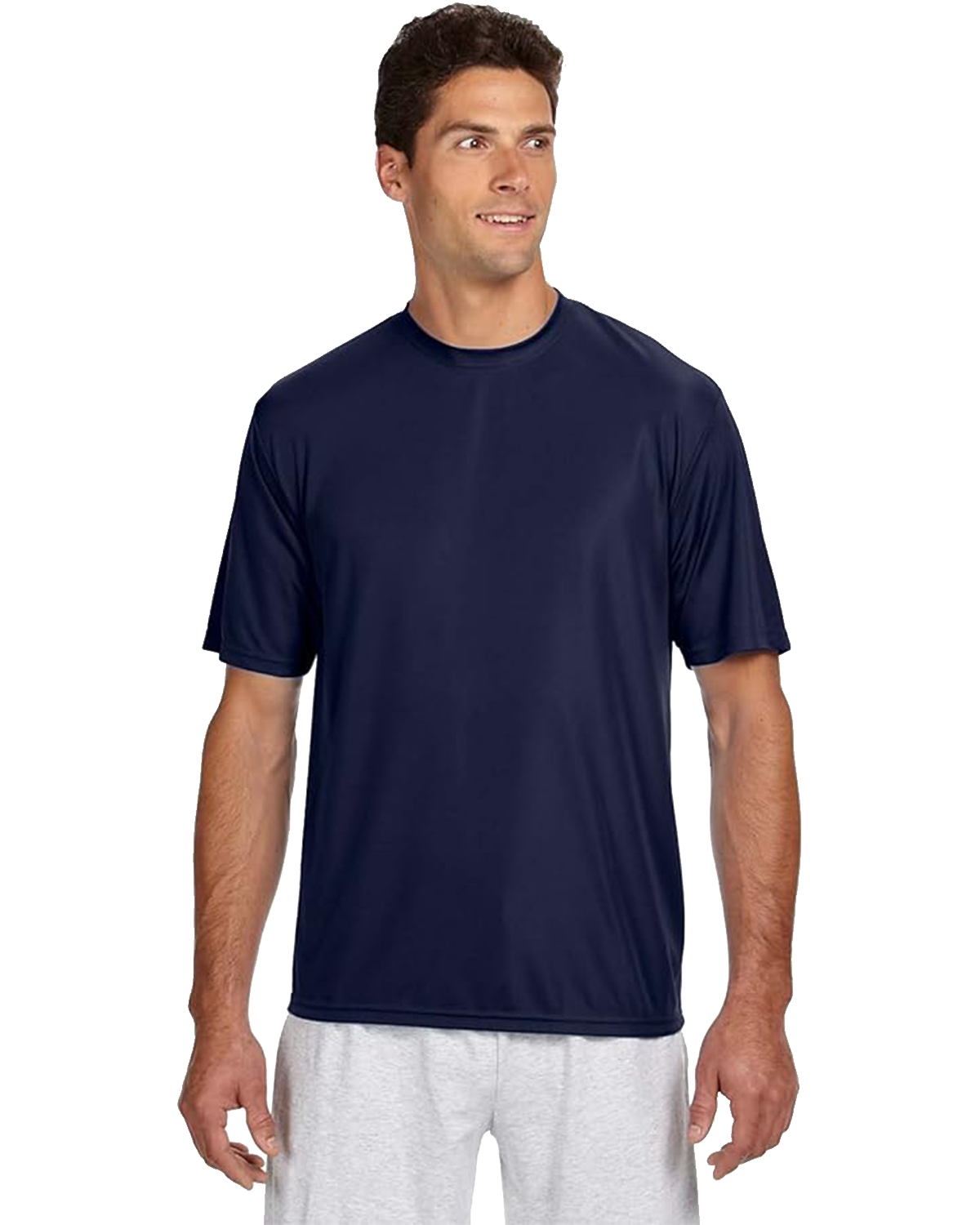 A4 Men's Cooling Performance T-Shirt in navy, shown on a model standing with a slight turn to his right.