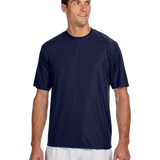 A4 Men's Cooling Performance T-Shirt in navy, shown on a model standing with a slight turn to his right.