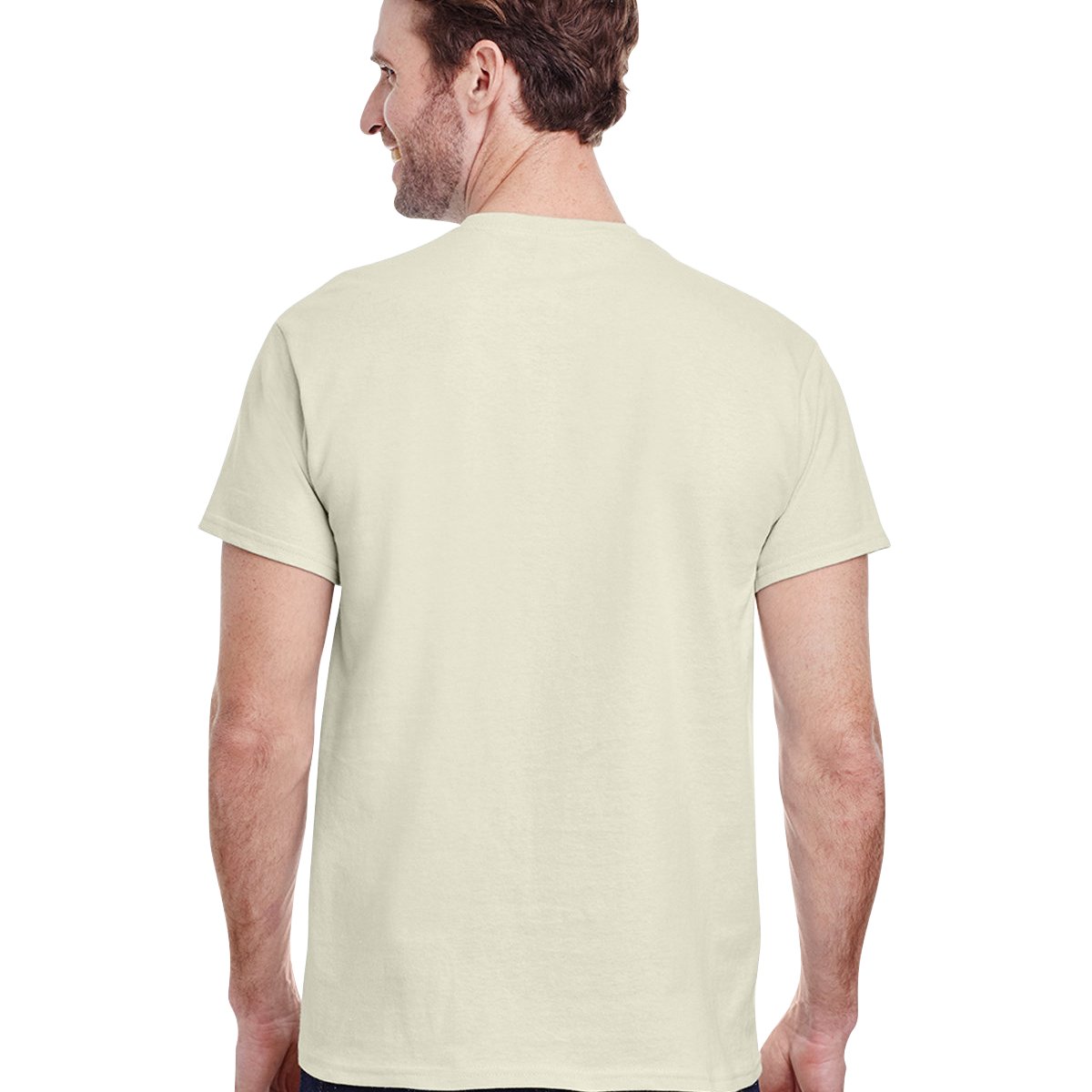 Back view of a "Natural" colored Gildan Adult Heavy Cotton T-Shirt worn by a man, standing with a neutral stance.