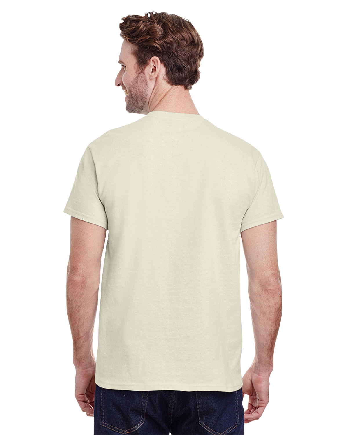 Back view of a "Natural" colored Gildan Adult Heavy Cotton T-Shirt worn by a man, standing with a neutral stance.