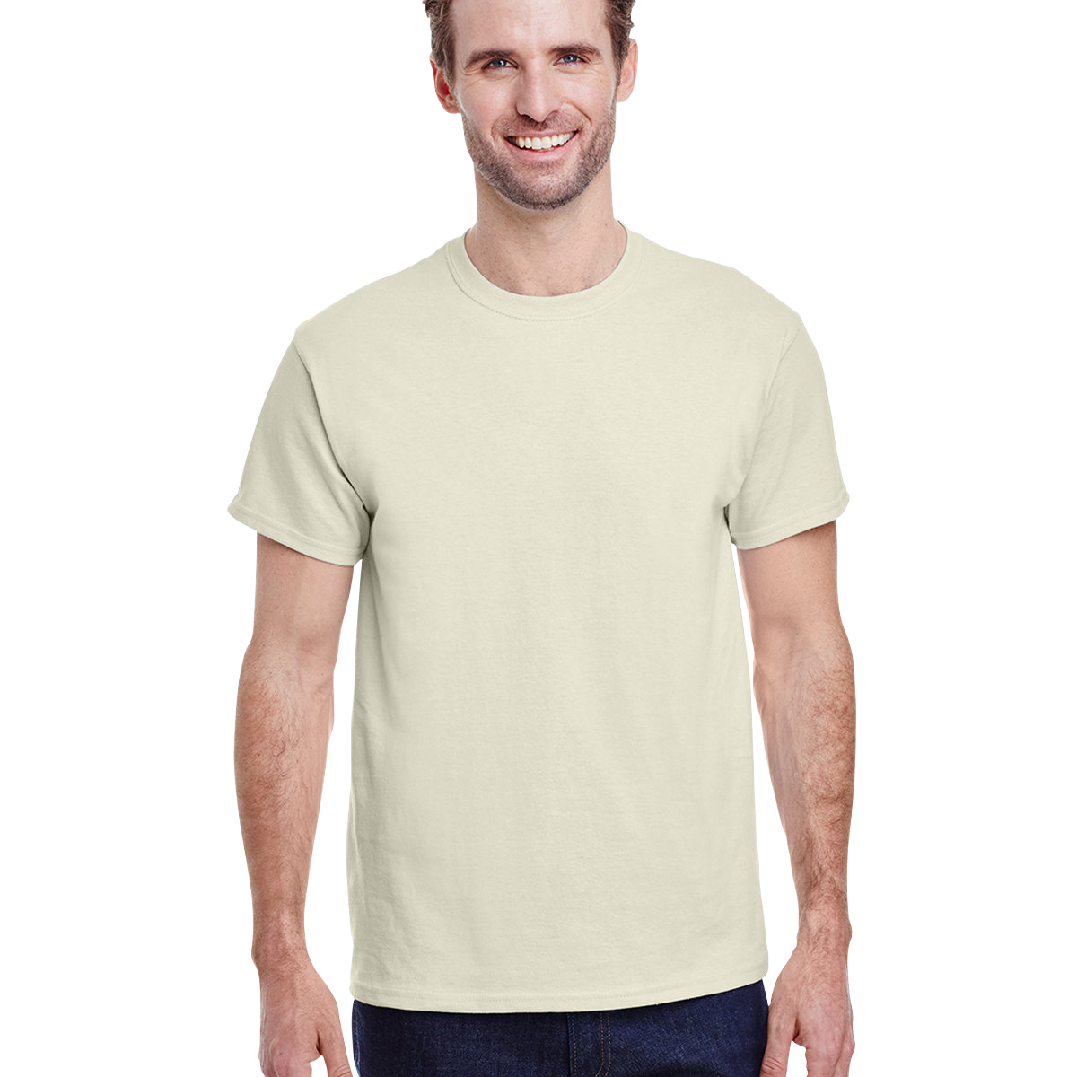 Man in a "Natural" colored Gildan Adult Heavy Cotton T-Shirt, standing with a relaxed posture and a friendly smile.