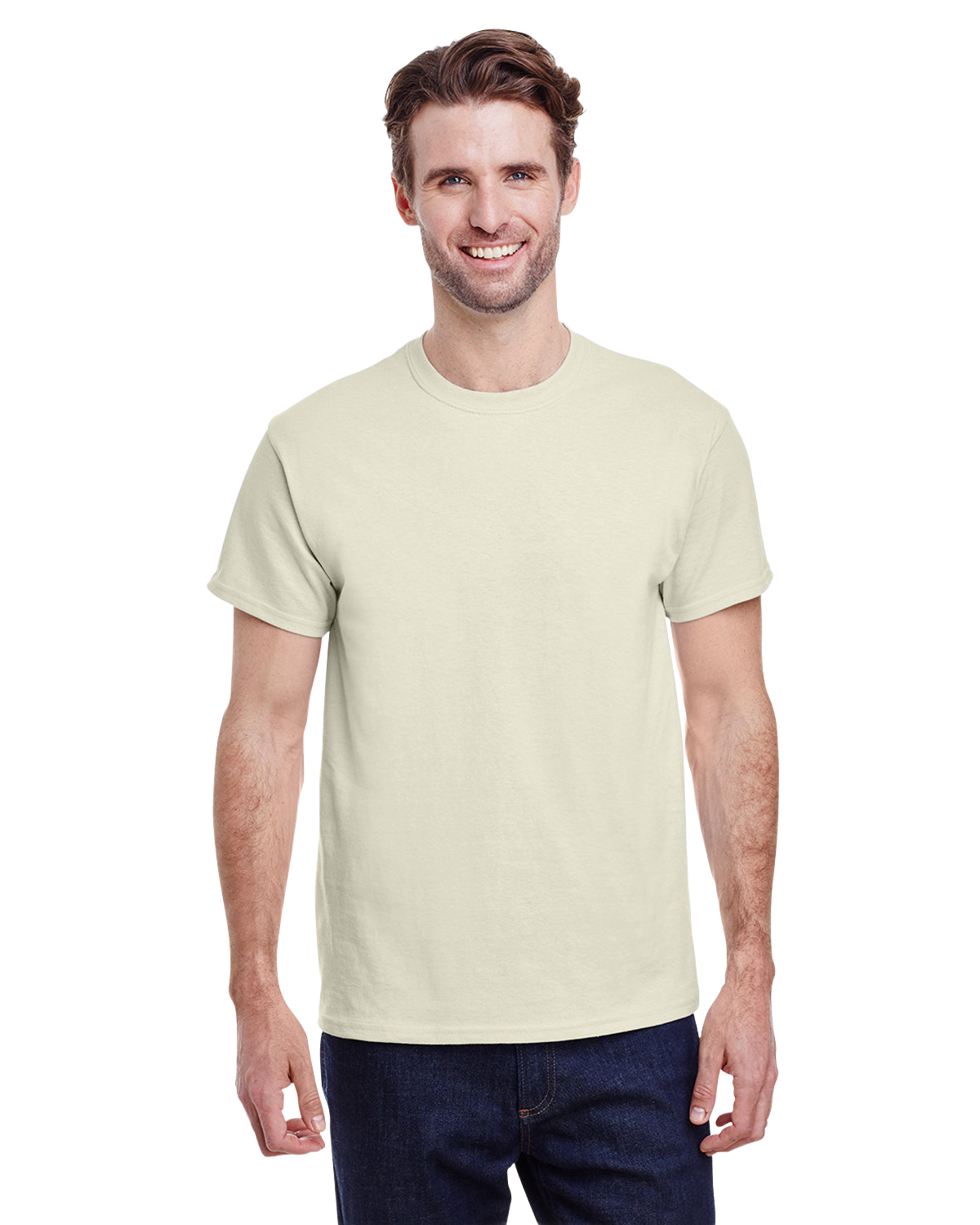 Man in a "Natural" colored Gildan Adult Heavy Cotton T-Shirt, standing with a relaxed posture and a friendly smile.