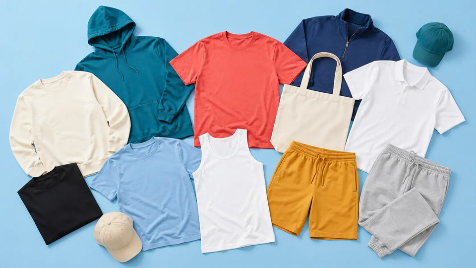 Assorted custom apparel including shirts, shorts and tote bag on blue background