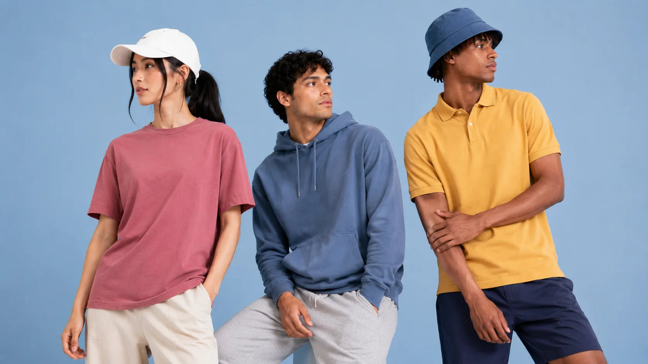 Three models wearing colorful Print-MO custom apparel against a blue background