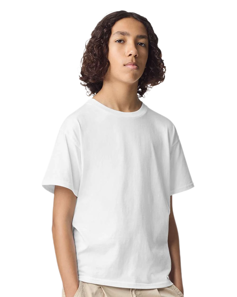 American Apparel 2001Y Youth Fine Jersey Tee in White, front view