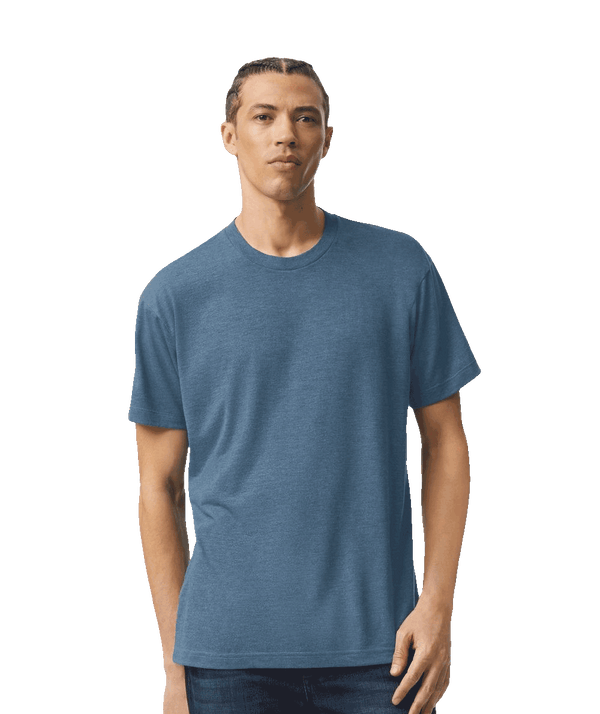 Man wearing a Tri-Dusk American Apparel Triblend Track Tee TR401, lightweight breathable crewneck T-shirt perfect for athletic comfort and custom prints