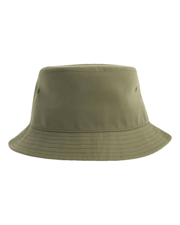 Atlantis Headwear Olive bucket hat with stitched brim and side vent eyelets displayed on transparent checkerboard background