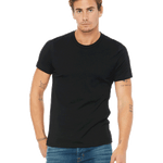 Bella + Canvas Unisex Jersey T-Shirt in black color worn by a man with tattoos on his arms, standing with a relaxed posture.