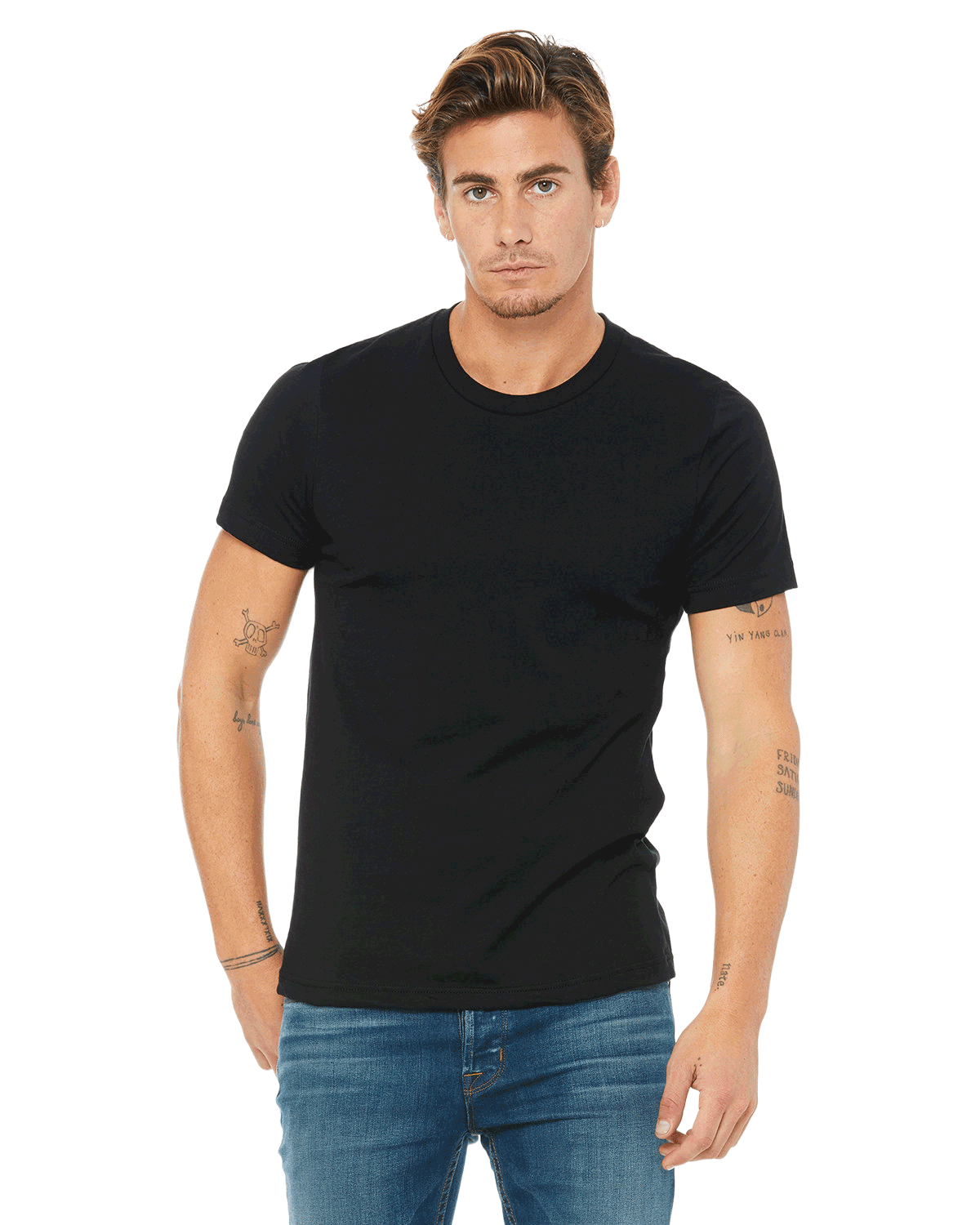 Bella + Canvas Unisex Jersey T-Shirt in black color worn by a man with tattoos on his arms, standing with a relaxed posture.