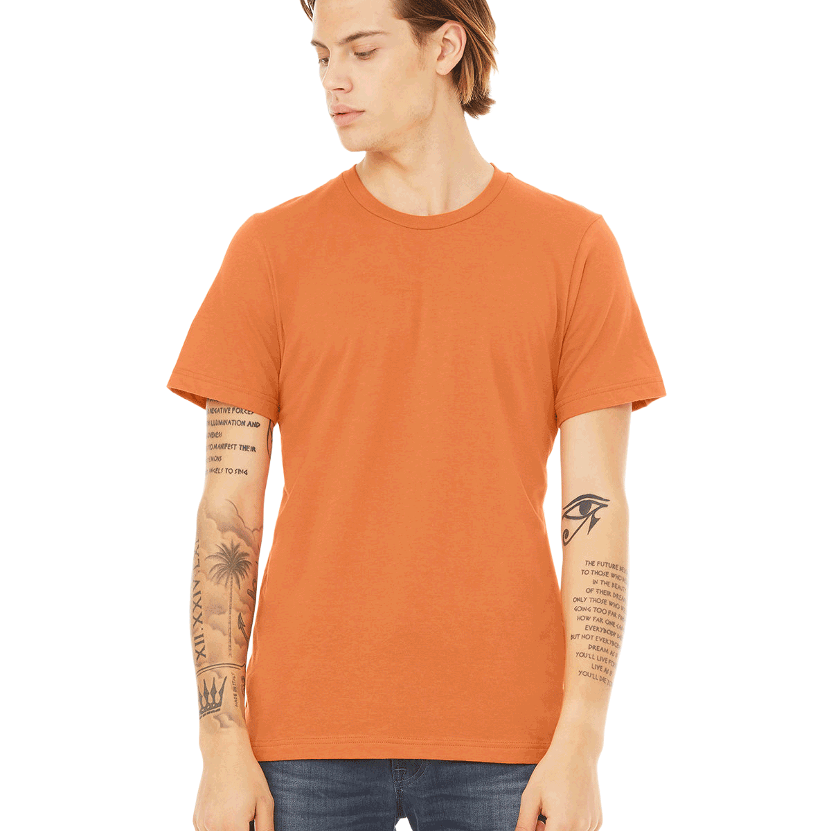 Man in a "Burnt Orange" Bella + Canvas Unisex Jersey T-Shirt, standing casually with a neutral expression, looking to the side.