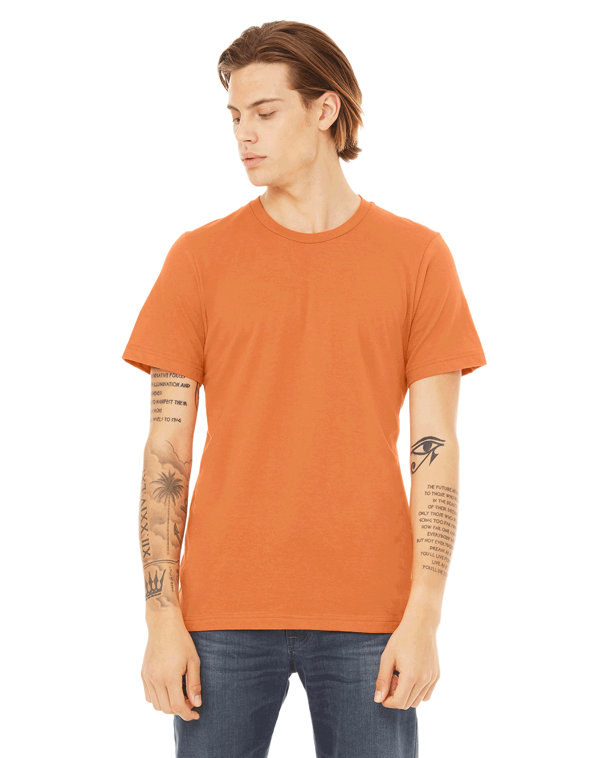 Man in a "Burnt Orange" Bella + Canvas Unisex Jersey T-Shirt, standing casually with a neutral expression, looking to the side.